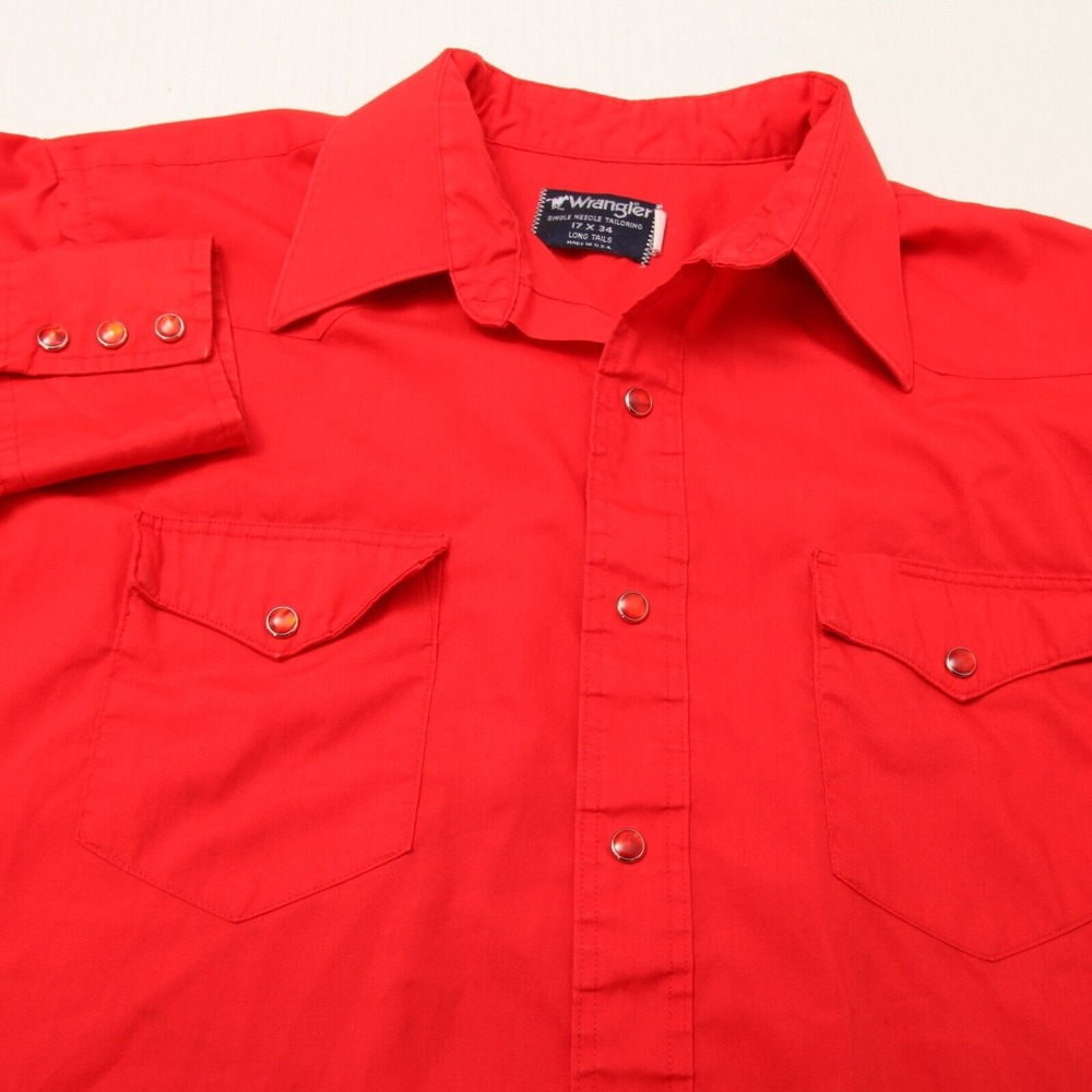 Vintage Wrangler Shirt Mens 17 - 34 Red Pearl Snap Western Long Tails USA *